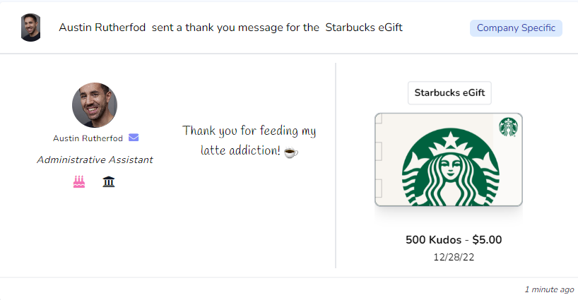Screenshot showing thank you message sent by a PerkSweet user for a card redemption.