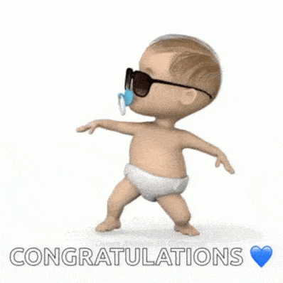 Animated GIF showing a dancing baby with a congratulatory message and highlighting the collaborative and personalized nature of PerkSweet's group cards.