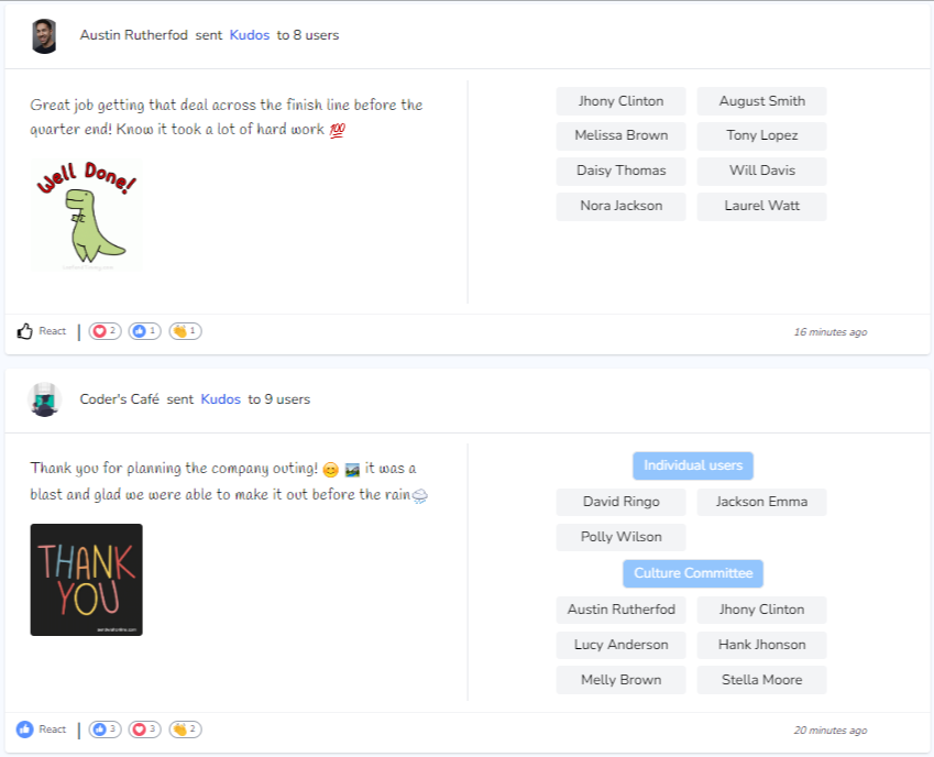 Screenshot of PerkSweet Public Appreciation feature displaying positive comments and reactions from users.